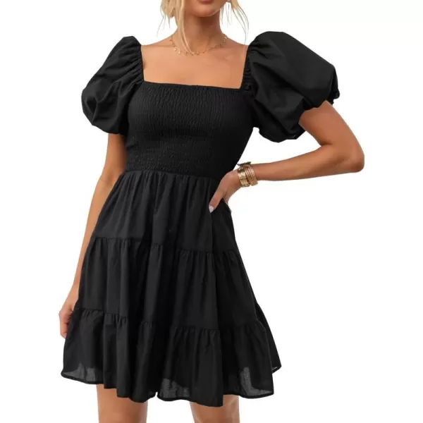 imageZESICA Womens 2023 Boho Summer Square Neck Puff Sleeve Off Shoulder Smocked Tiered Casual A Line Short Mini DressBlack