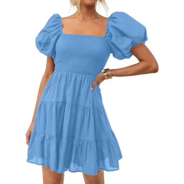 imageZESICA Womens 2023 Boho Summer Square Neck Puff Sleeve Off Shoulder Smocked Tiered Casual A Line Short Mini DressBlue