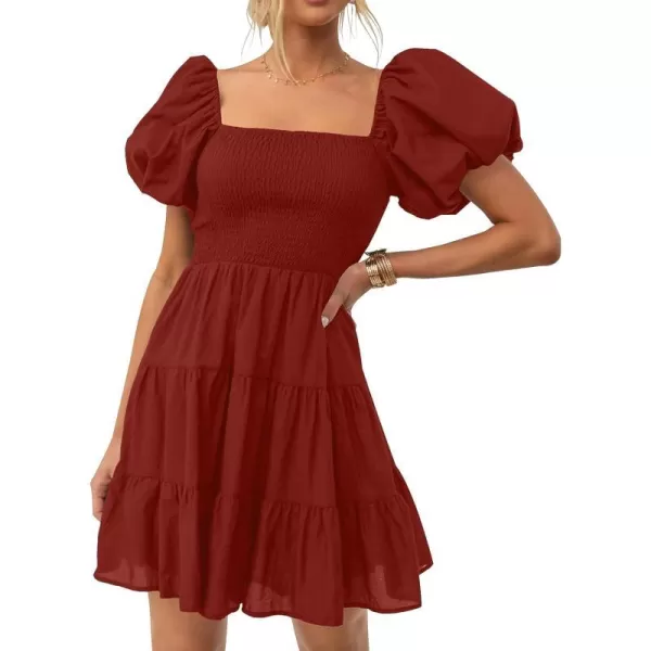 imageZESICA Womens 2023 Boho Summer Square Neck Puff Sleeve Off Shoulder Smocked Tiered Casual A Line Short Mini DressBrickred