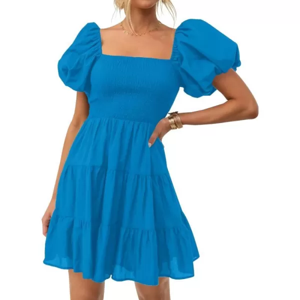 imageZESICA Womens 2023 Boho Summer Square Neck Puff Sleeve Off Shoulder Smocked Tiered Casual A Line Short Mini DressCobaltblue