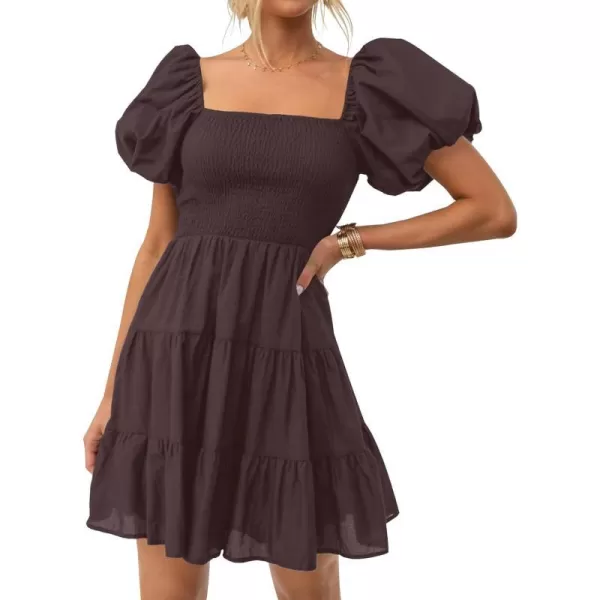 imageZESICA Womens 2023 Boho Summer Square Neck Puff Sleeve Off Shoulder Smocked Tiered Casual A Line Short Mini DressCoffee