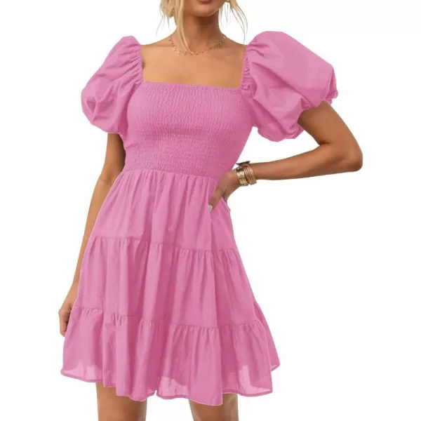 imageZESICA Womens 2023 Boho Summer Square Neck Puff Sleeve Off Shoulder Smocked Tiered Casual A Line Short Mini DressDustypink