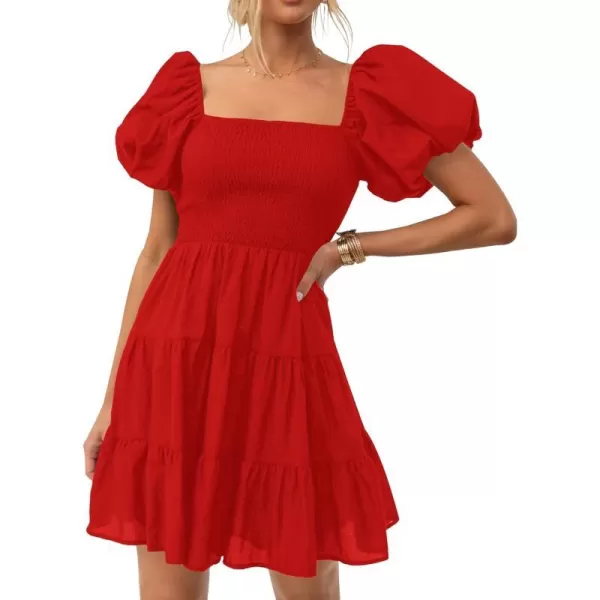 imageZESICA Womens 2023 Boho Summer Square Neck Puff Sleeve Off Shoulder Smocked Tiered Casual A Line Short Mini DressFirered