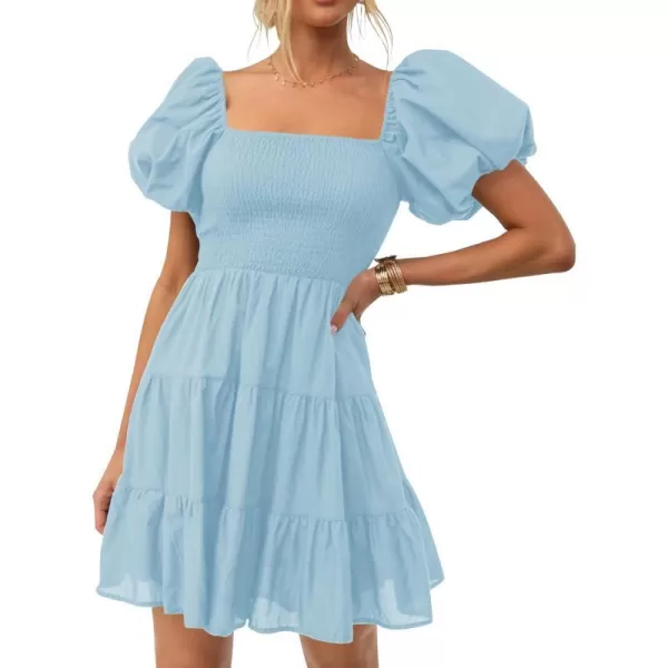 imageZESICA Womens 2023 Boho Summer Square Neck Puff Sleeve Off Shoulder Smocked Tiered Casual A Line Short Mini DressLightblue