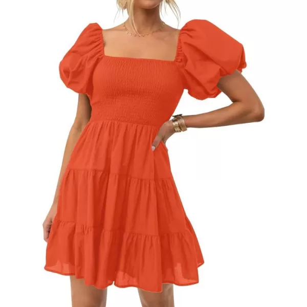 imageZESICA Womens 2023 Boho Summer Square Neck Puff Sleeve Off Shoulder Smocked Tiered Casual A Line Short Mini DressOrange