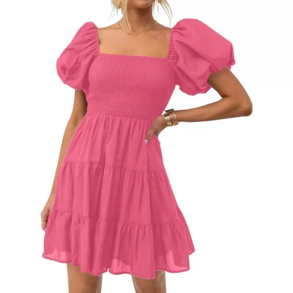 imageZESICA Womens 2023 Boho Summer Square Neck Puff Sleeve Off Shoulder Smocked Tiered Casual A Line Short Mini DressPink