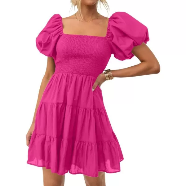 imageZESICA Womens 2023 Boho Summer Square Neck Puff Sleeve Off Shoulder Smocked Tiered Casual A Line Short Mini DressRose
