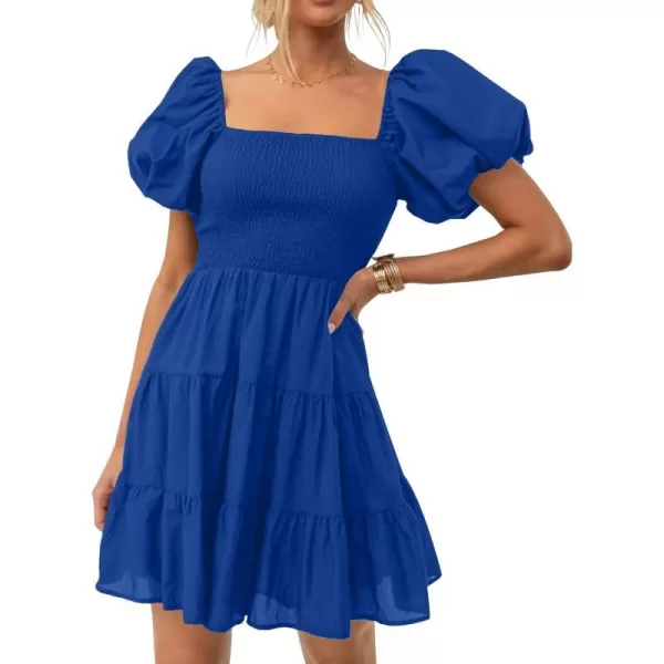 imageZESICA Womens 2023 Boho Summer Square Neck Puff Sleeve Off Shoulder Smocked Tiered Casual A Line Short Mini DressRoyalblue