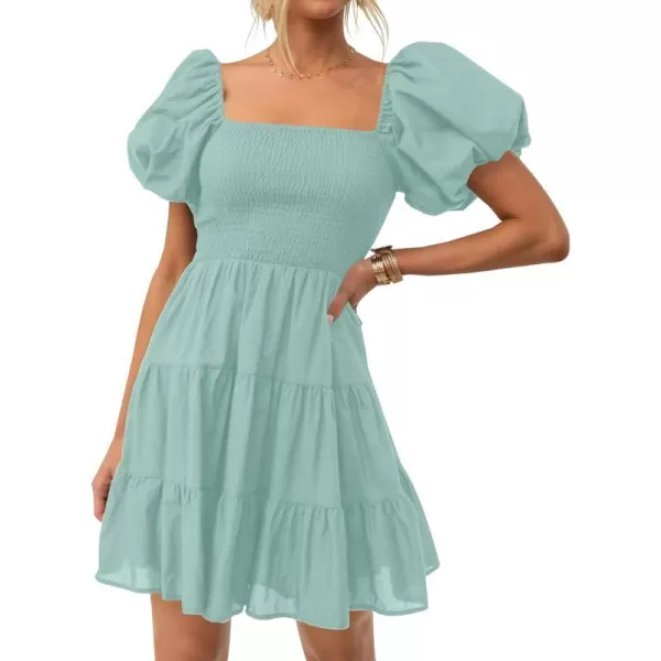 imageZESICA Womens 2023 Boho Summer Square Neck Puff Sleeve Off Shoulder Smocked Tiered Casual A Line Short Mini DressSage