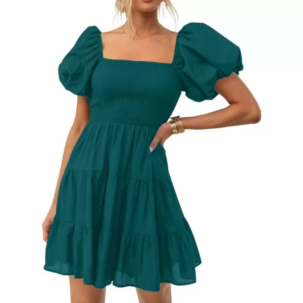 imageZESICA Womens 2023 Boho Summer Square Neck Puff Sleeve Off Shoulder Smocked Tiered Casual A Line Short Mini DressTeal