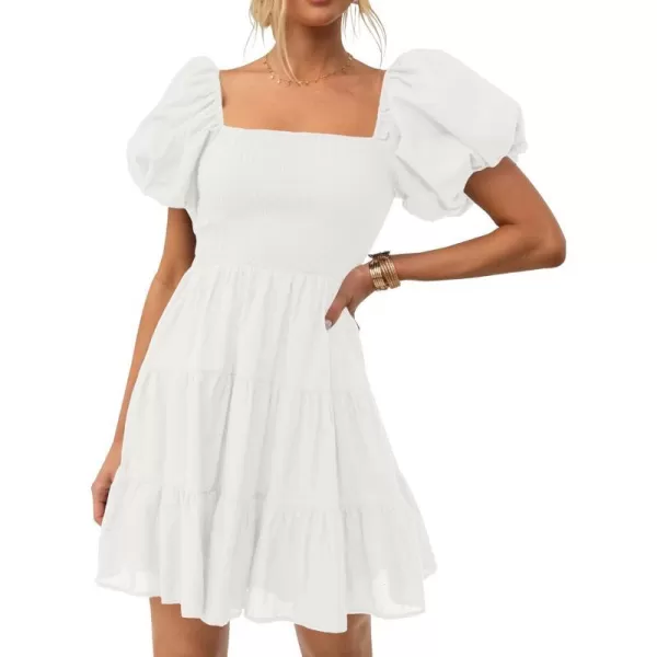 imageZESICA Womens 2023 Boho Summer Square Neck Puff Sleeve Off Shoulder Smocked Tiered Casual A Line Short Mini DressWhite