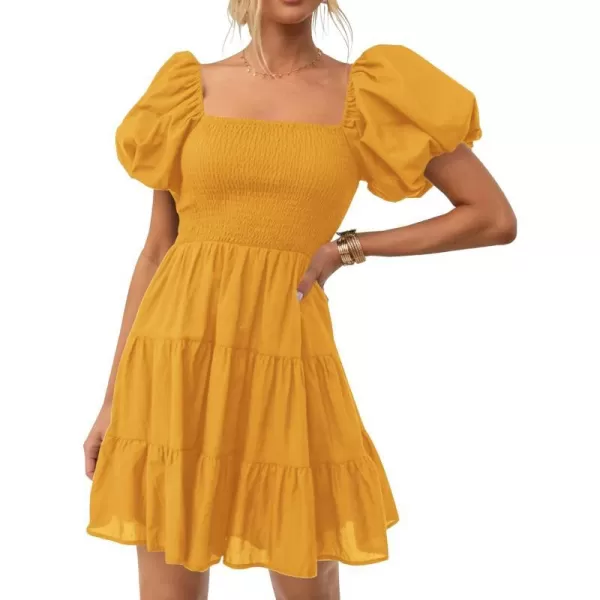 imageZESICA Womens 2023 Boho Summer Square Neck Puff Sleeve Off Shoulder Smocked Tiered Casual A Line Short Mini DressYellow