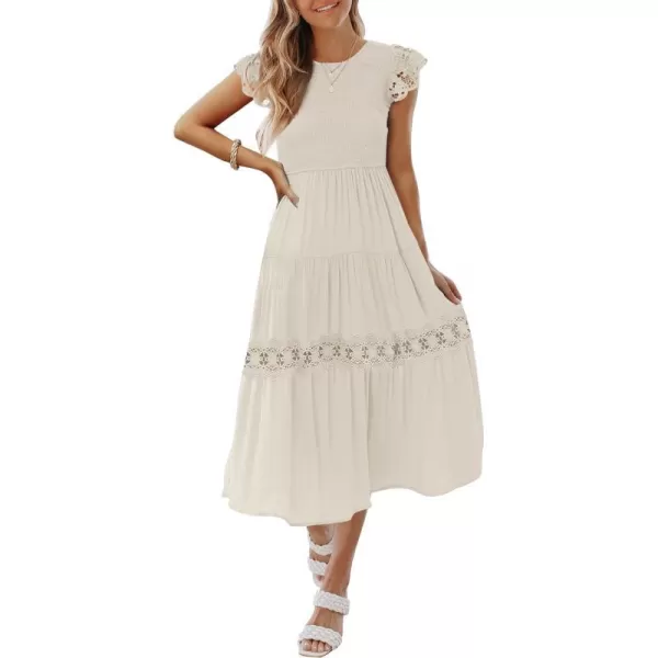 imageZESICA Womens 2023 Casual Crew Neck Flutter Sleeve Smocked High Waist Hollow Out Lace Trim Tiered A Line Midi DressApricot