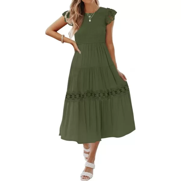 imageZESICA Womens 2023 Casual Crew Neck Flutter Sleeve Smocked High Waist Hollow Out Lace Trim Tiered A Line Midi DressArmygreen