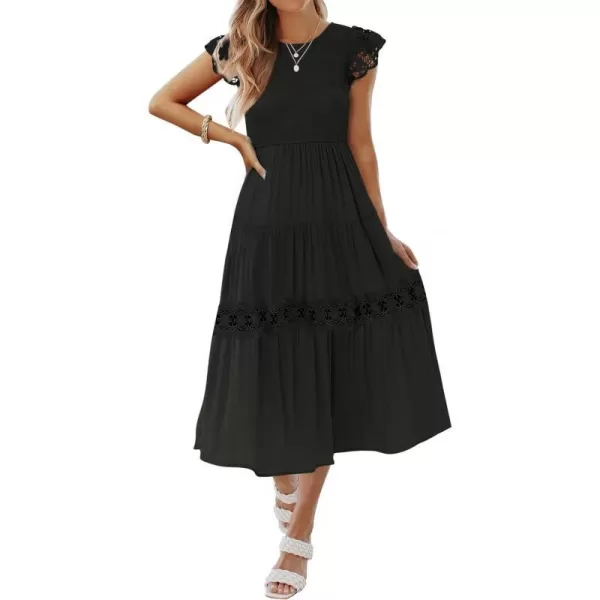 imageZESICA Womens 2023 Casual Crew Neck Flutter Sleeve Smocked High Waist Hollow Out Lace Trim Tiered A Line Midi DressBlack