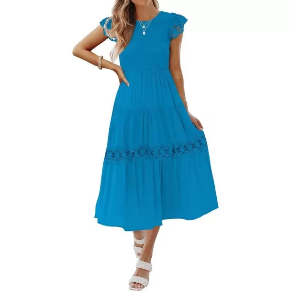 imageZESICA Womens 2023 Casual Crew Neck Flutter Sleeve Smocked High Waist Hollow Out Lace Trim Tiered A Line Midi DressCobaltblue