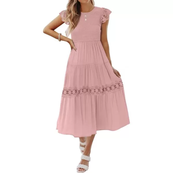 imageZESICA Womens 2023 Casual Crew Neck Flutter Sleeve Smocked High Waist Hollow Out Lace Trim Tiered A Line Midi DressDarkpink