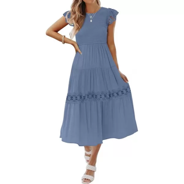 imageZESICA Womens 2023 Casual Crew Neck Flutter Sleeve Smocked High Waist Hollow Out Lace Trim Tiered A Line Midi DressDustyblue