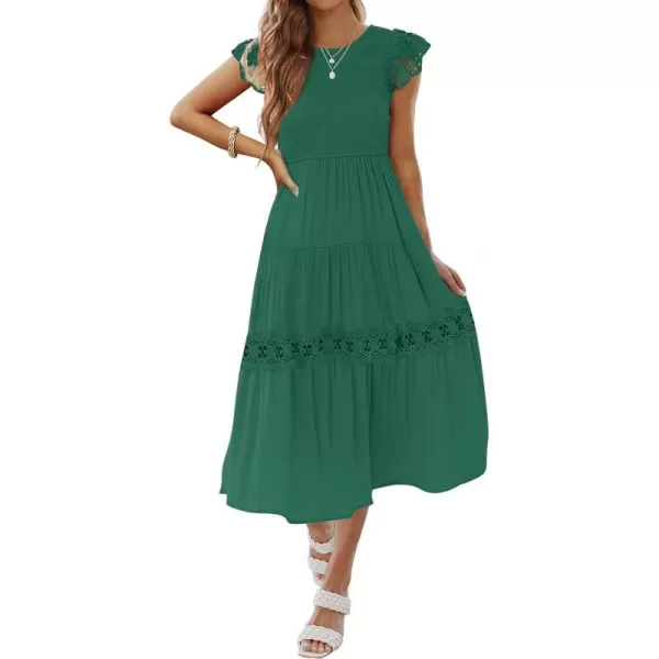 imageZESICA Womens 2023 Casual Crew Neck Flutter Sleeve Smocked High Waist Hollow Out Lace Trim Tiered A Line Midi DressForestgreen