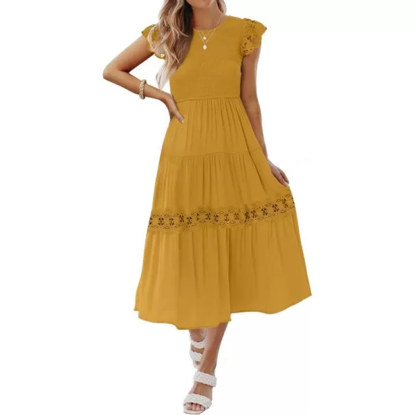 imageZESICA Womens 2023 Casual Crew Neck Flutter Sleeve Smocked High Waist Hollow Out Lace Trim Tiered A Line Midi DressGinger