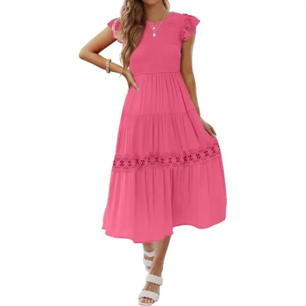 imageZESICA Womens 2023 Casual Crew Neck Flutter Sleeve Smocked High Waist Hollow Out Lace Trim Tiered A Line Midi DressHotpink