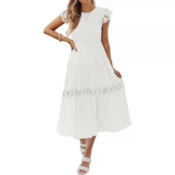 imageZESICA Womens 2023 Casual Crew Neck Flutter Sleeve Smocked High Waist Hollow Out Lace Trim Tiered A Line Midi DressIvory