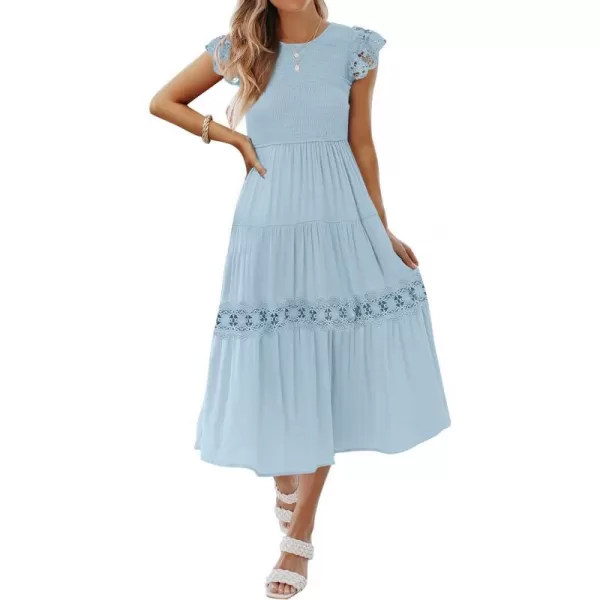 imageZESICA Womens 2023 Casual Crew Neck Flutter Sleeve Smocked High Waist Hollow Out Lace Trim Tiered A Line Midi DressLightblue