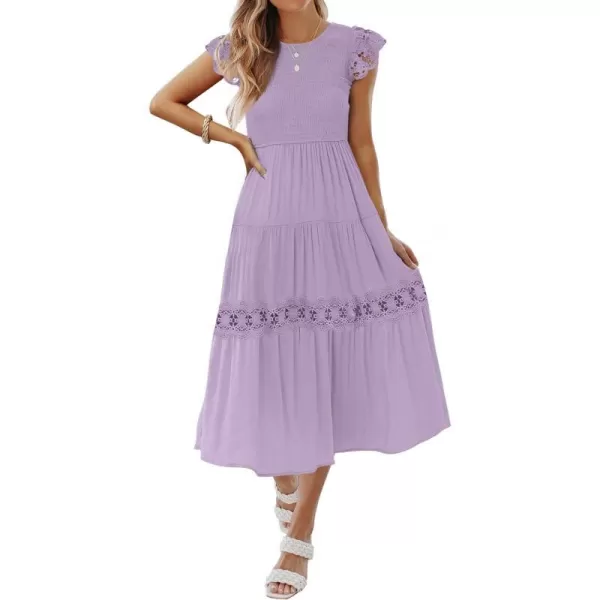 imageZESICA Womens 2023 Casual Crew Neck Flutter Sleeve Smocked High Waist Hollow Out Lace Trim Tiered A Line Midi DressLightpurple