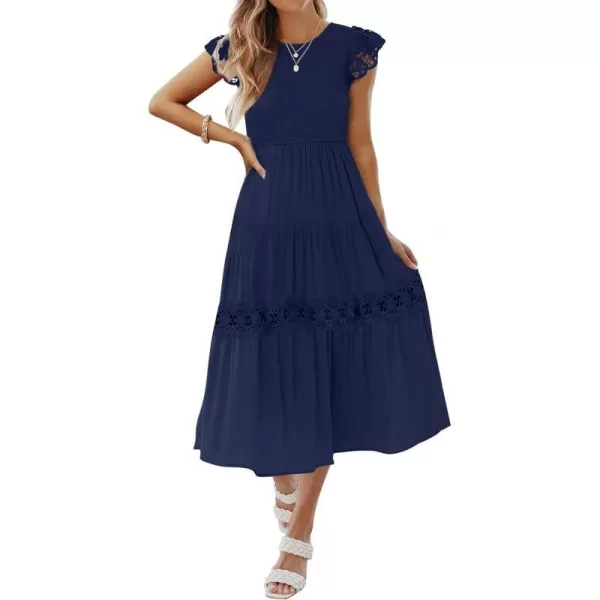 imageZESICA Womens 2023 Casual Crew Neck Flutter Sleeve Smocked High Waist Hollow Out Lace Trim Tiered A Line Midi DressNavy