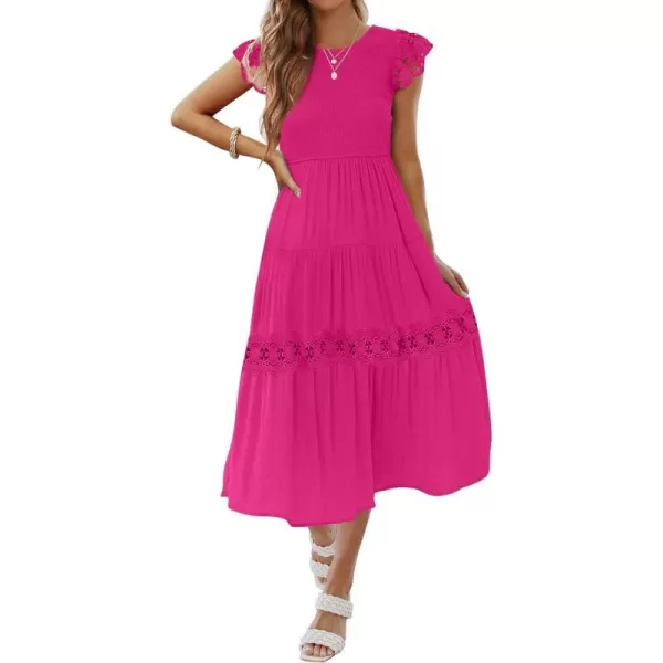 imageZESICA Womens 2023 Casual Crew Neck Flutter Sleeve Smocked High Waist Hollow Out Lace Trim Tiered A Line Midi DressRose