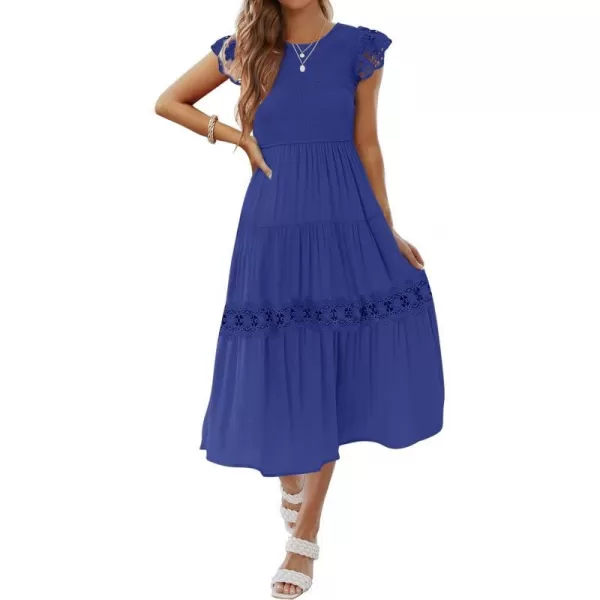 imageZESICA Womens 2023 Casual Crew Neck Flutter Sleeve Smocked High Waist Hollow Out Lace Trim Tiered A Line Midi DressRoyalblue