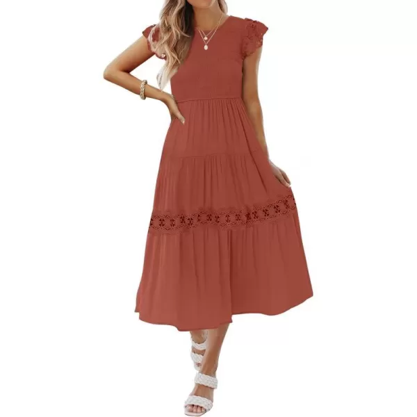 imageZESICA Womens 2023 Casual Crew Neck Flutter Sleeve Smocked High Waist Hollow Out Lace Trim Tiered A Line Midi DressRust