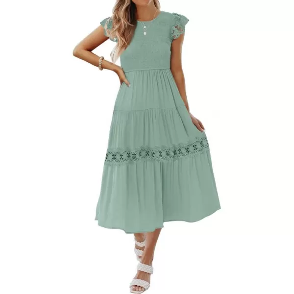 imageZESICA Womens 2023 Casual Crew Neck Flutter Sleeve Smocked High Waist Hollow Out Lace Trim Tiered A Line Midi DressSage