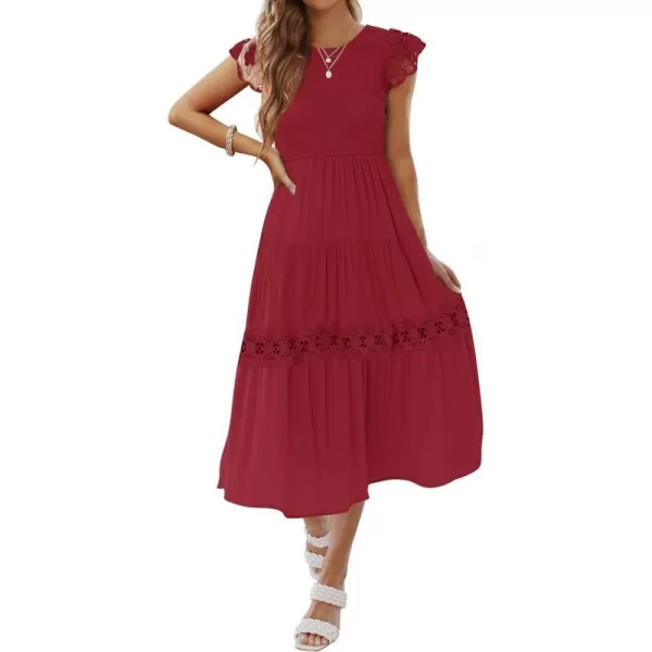 imageZESICA Womens 2023 Casual Crew Neck Flutter Sleeve Smocked High Waist Hollow Out Lace Trim Tiered A Line Midi DressWine