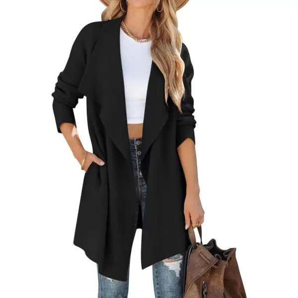 imageZESICA Womens 2023 Casual Lapel Cardigan Long Sleeve Open Front Irregular Hem Soft Knitted Sweater Coat with PocketsBlack