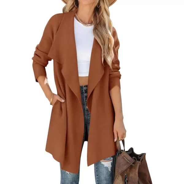 imageZESICA Womens 2023 Casual Lapel Cardigan Long Sleeve Open Front Irregular Hem Soft Knitted Sweater Coat with PocketsCaramel