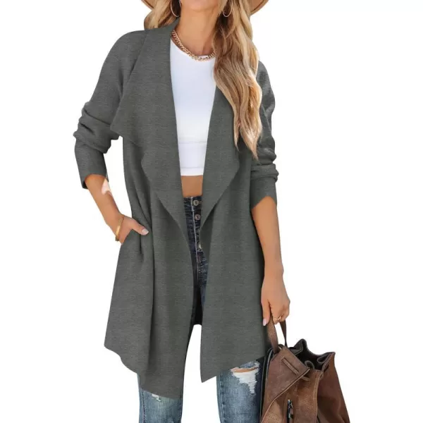 imageZESICA Womens 2023 Casual Lapel Cardigan Long Sleeve Open Front Irregular Hem Soft Knitted Sweater Coat with PocketsDarkgrey