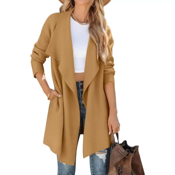 imageZESICA Womens 2023 Casual Lapel Cardigan Long Sleeve Open Front Irregular Hem Soft Knitted Sweater Coat with PocketsKhaki
