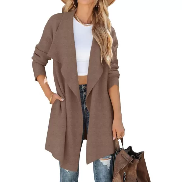imageZESICA Womens 2023 Casual Lapel Cardigan Long Sleeve Open Front Irregular Hem Soft Knitted Sweater Coat with PocketsMocha