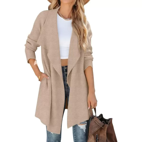 imageZESICA Womens 2023 Casual Lapel Cardigan Long Sleeve Open Front Irregular Hem Soft Knitted Sweater Coat with PocketsOats