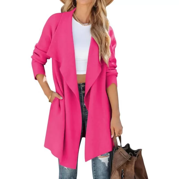imageZESICA Womens 2023 Casual Lapel Cardigan Long Sleeve Open Front Irregular Hem Soft Knitted Sweater Coat with PocketsRose