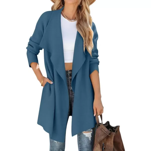 imageZESICA Womens 2023 Casual Lapel Cardigan Long Sleeve Open Front Irregular Hem Soft Knitted Sweater Coat with PocketsRoyalblue