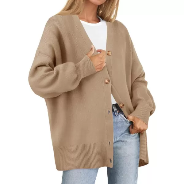 imageZESICA Womens 2023 Casual Long Sleeve Cardigan V Neck Button Down Open Front Knit Loose Oversized Sweater CoatKhaki