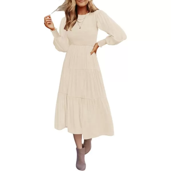 imageZESICA Womens 2023 Casual Long Sleeve Crew Neck High Waist Smocked Flowy Tiered Midi DressBeige