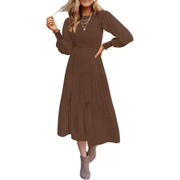 imageZESICA Womens 2023 Casual Long Sleeve Crew Neck High Waist Smocked Flowy Tiered Midi DressCoffee