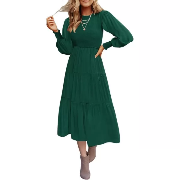 imageZESICA Womens 2023 Casual Long Sleeve Crew Neck High Waist Smocked Flowy Tiered Midi DressDarkgreen