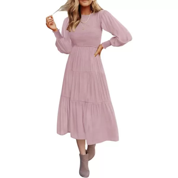 imageZESICA Womens 2023 Casual Long Sleeve Crew Neck High Waist Smocked Flowy Tiered Midi DressDarkpink