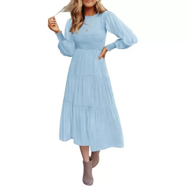 imageZESICA Womens 2023 Casual Long Sleeve Crew Neck High Waist Smocked Flowy Tiered Midi DressLightblue