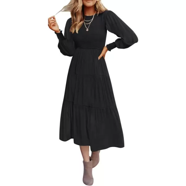 imageZESICA Womens 2023 Casual Long Sleeve Crew Neck High Waist Smocked Flowy Tiered Midi DressPureblack