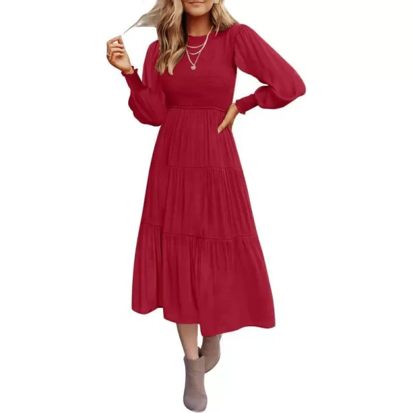 imageZESICA Womens 2023 Casual Long Sleeve Crew Neck High Waist Smocked Flowy Tiered Midi DressRed